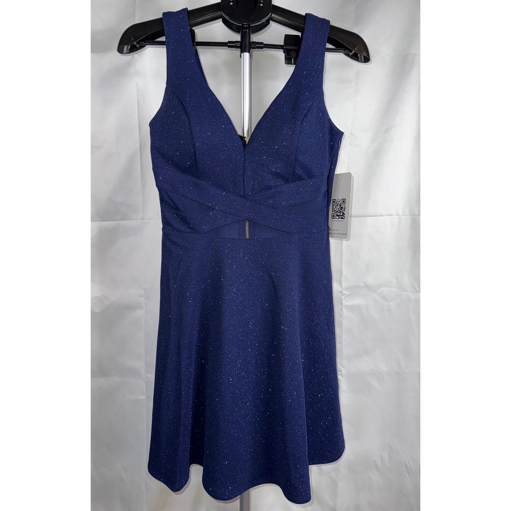 Emerald Sundae Navy Blue Glitter Mesh Cutout Fit Flare Dress Gold Zipper Medium